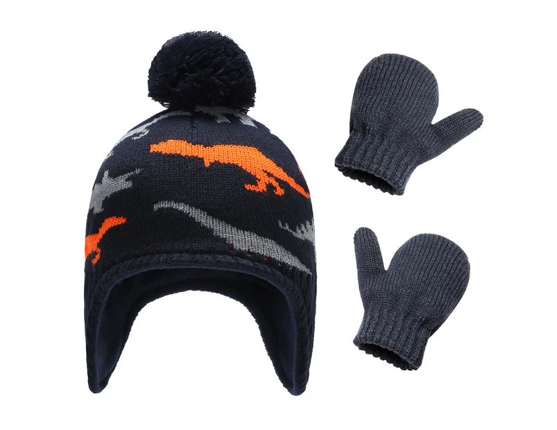 Nirvana Baby Kids Winter Warm Hat Dinosaur Ear Flap Cap Knitted Mitten Gloves Gift Set-Fluorescent Orange L