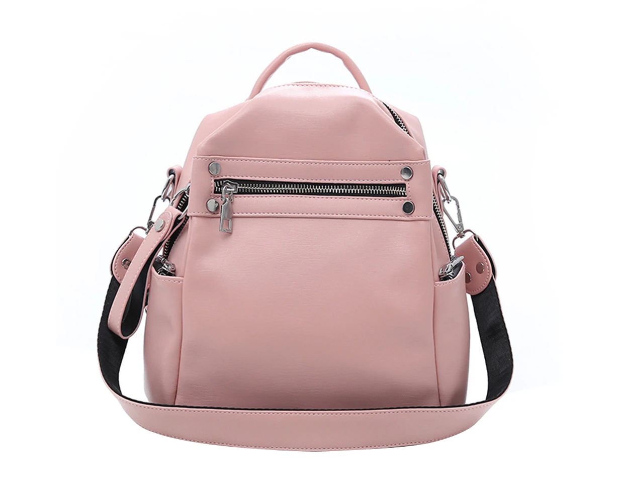 Bestjia Women Soft Faux Leather Waterproof Backpack Solid Color Zipper Tote Shoulder Bag - Pink