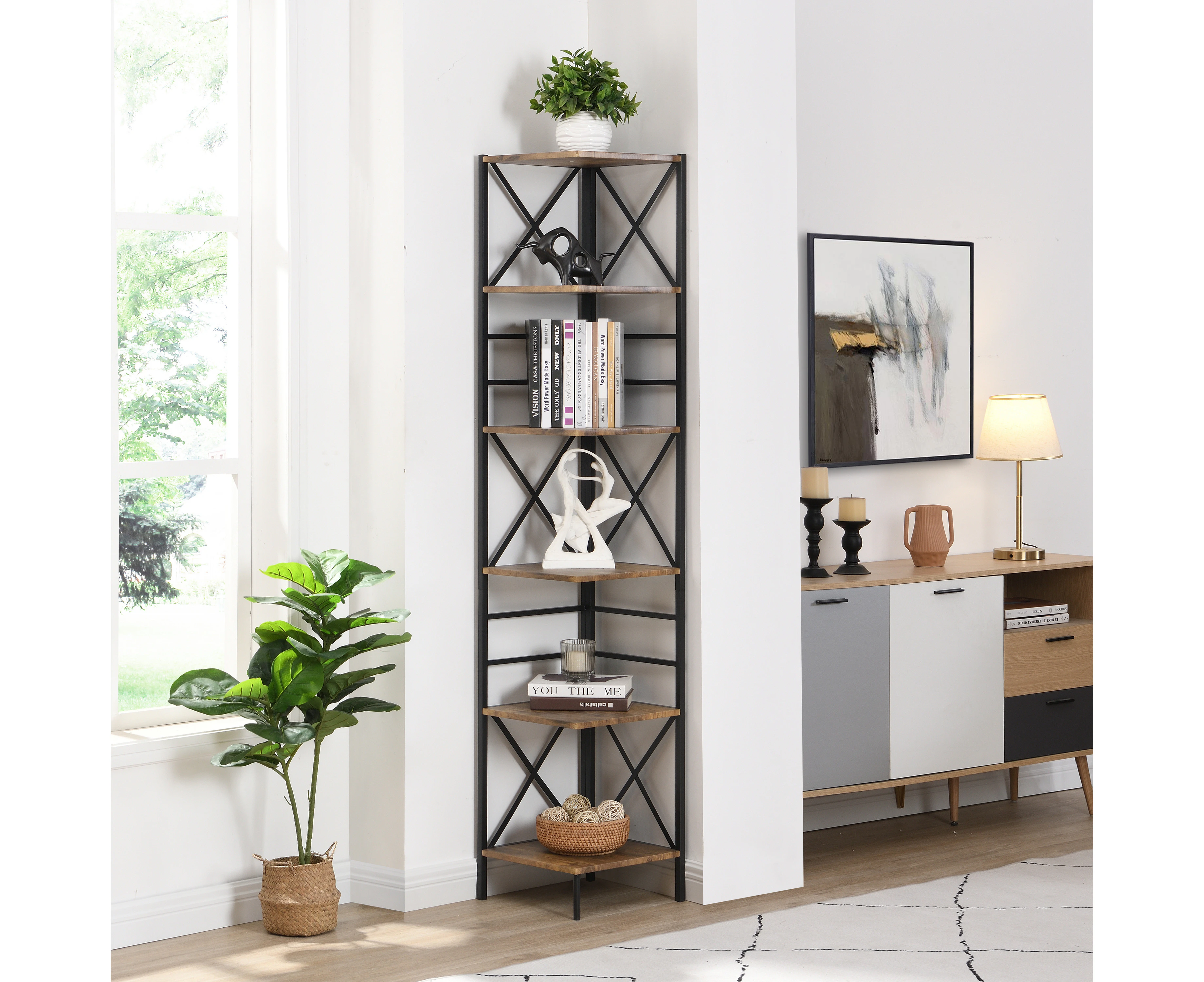 IHOMDEC Industrial 6-Tier Square Corner Bookshelf, 186.5cmH Rustic Dark Brown - Dark Brown