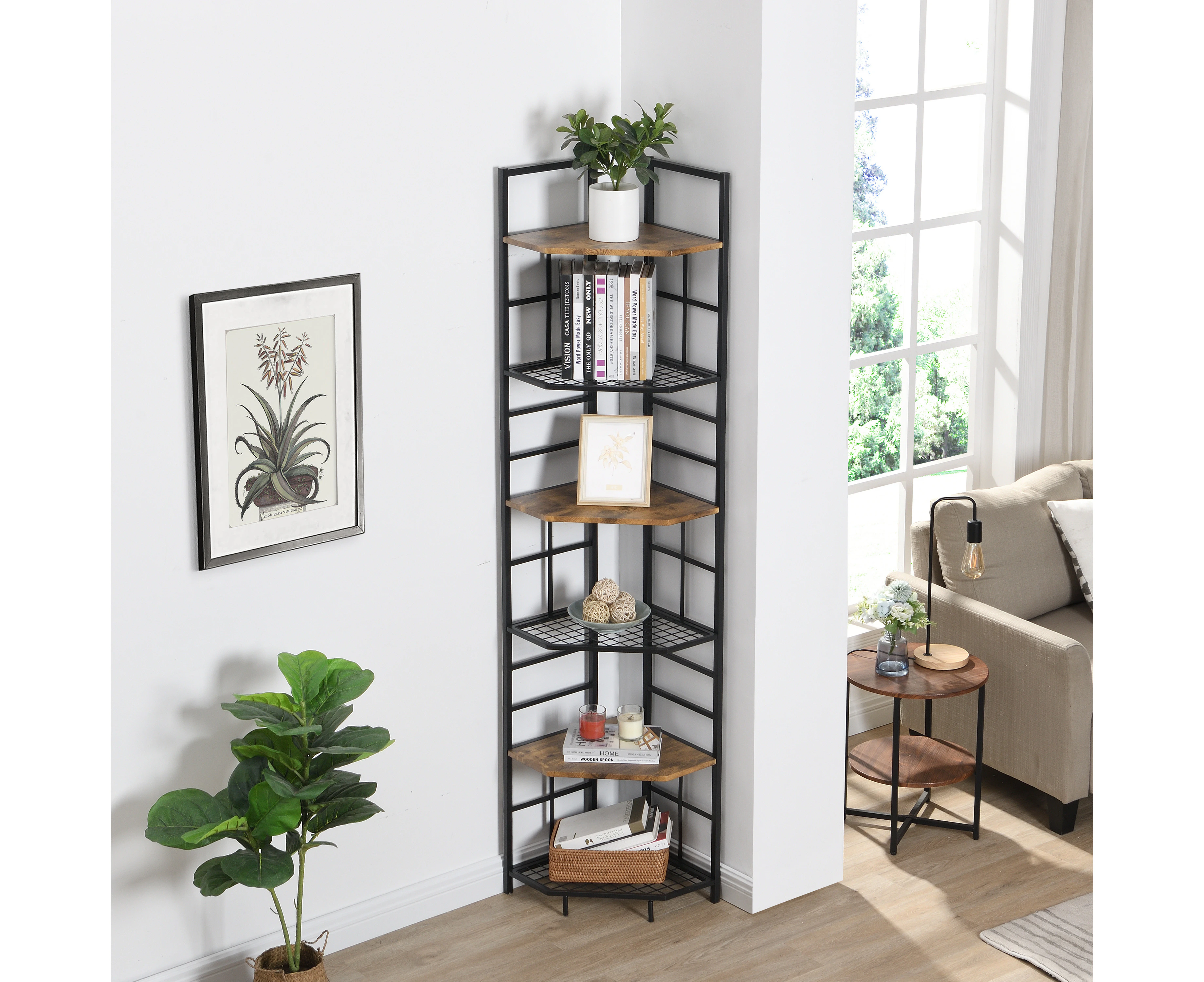 IHOMDEC Industrial 6-Tier Pentagon Corner Bookshelf, 194.5cmH Rustic Dark Brown - Dark Brown