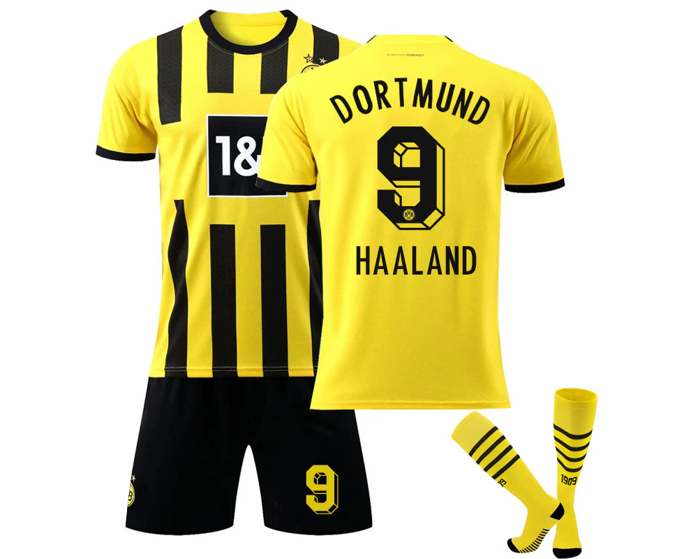 Borussia Dortmund Home Jersey 2022/23 Haaland No.9 Soccer Jersey 3-Pieces Kits For Kids Adults