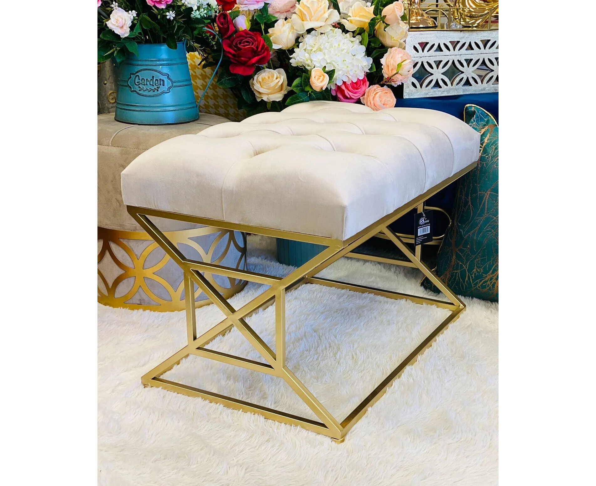 Premium rec tufted bath stool velvet ottoman with gold bases 44H -beige colour