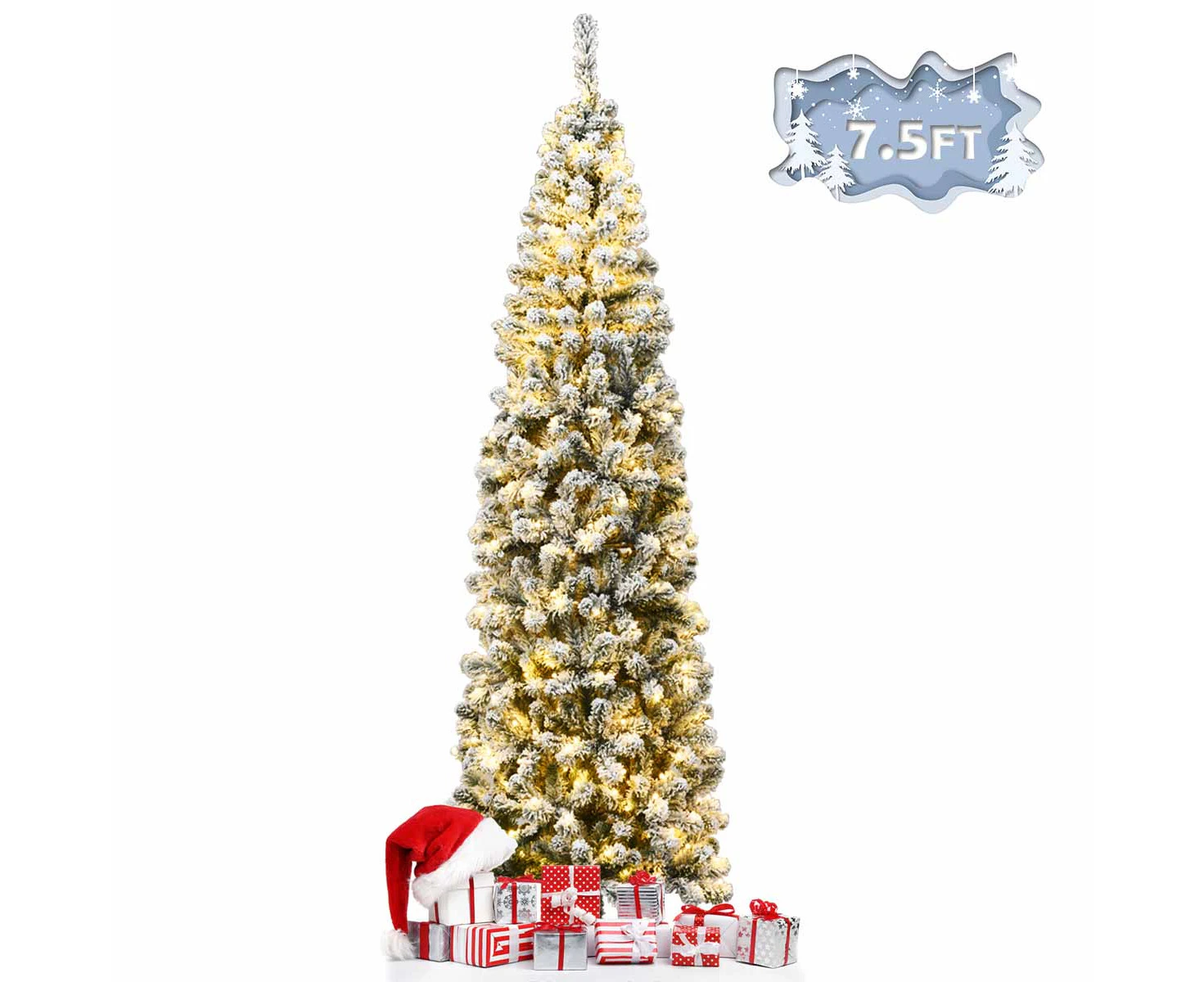 Costway 2.3M Pre-lit Snowy Slim Christmas Tree w/Warm Lights Snow Flocked Hinged Xmas Home Decoration White