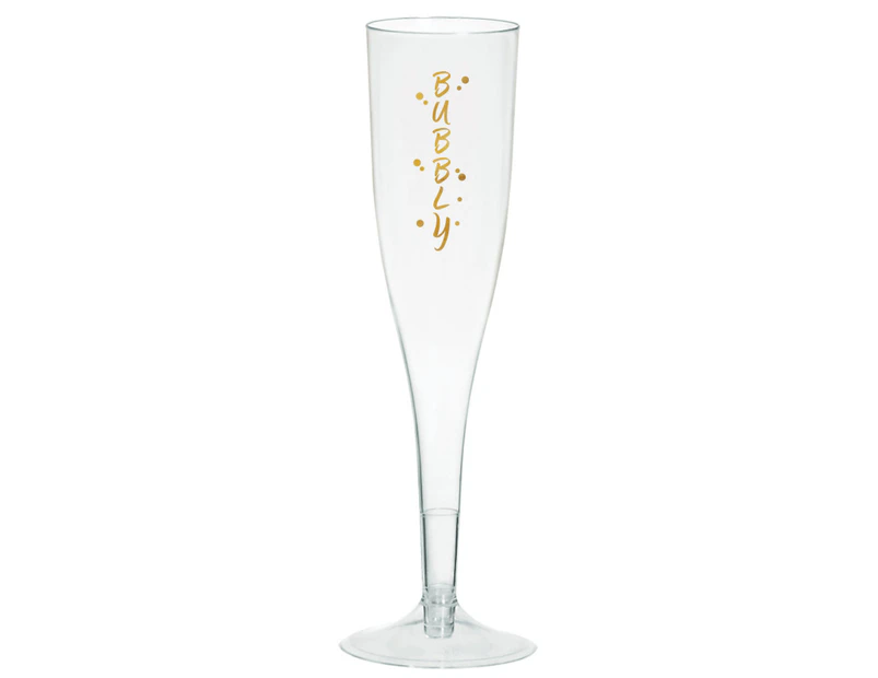 Champagne Glasses Plastic with Gold "Bubbly" Print - 8 Pack