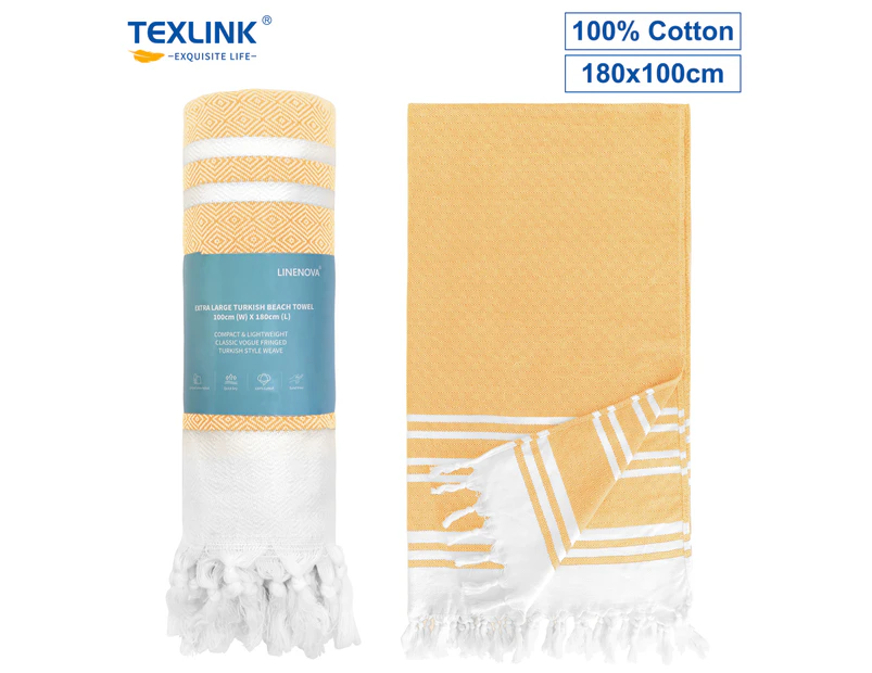TEXLINK 100% Cotton Turkish  Beach Towel Sand Free Quick Dry Lightweight Large Oversized for SPA, Beach, Pool, Gym and Bathroom-100x180cm-Orange