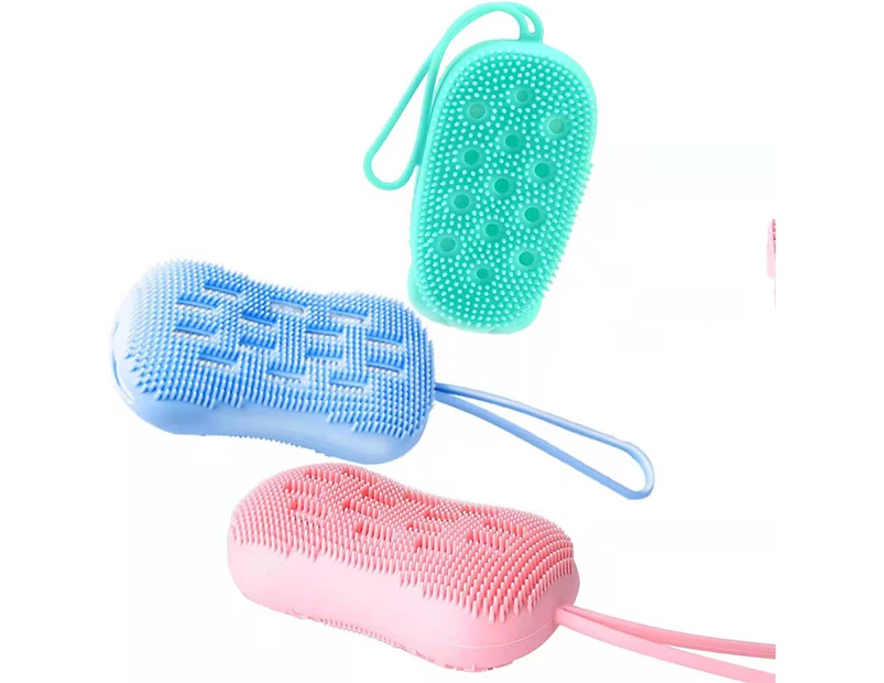 Silicone Bath Scrubber, Double-Sided Shower Body Brush with Soft Brush Head & Hard Massage Ball, Exfoliating Silicone Plus Sponge Cleansing -Blue(1 pack)