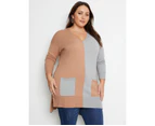 Beme Long Sleeve V Neck Colourblock Jumper - Plus Size Womens - Grey/Brown