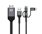2m Adapter Cable 3-in-1 Micro USB Type-C to HDMI-compatible TV AV Adapter 1080P Cable for iPhone - Black