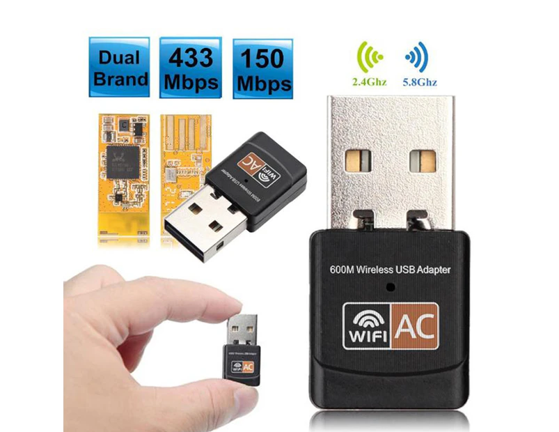 Mini 600Mbps 2.4/5GHz Dual Band WiFi USB Adapter Wireless Receiver for PC Laptop