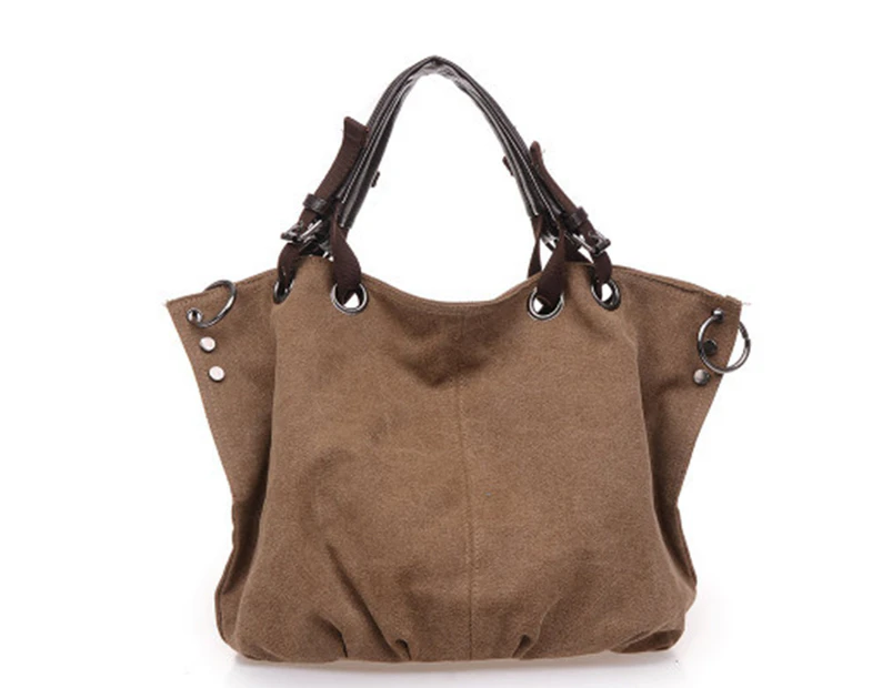 Bestjia Fashion Women Solid Color Zip Tote Handbag Shoulder Crossbody Pouch Canvas Bag - Coffee