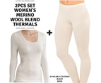 2pcs Women's Merino Wool Blend Top & Pants Thermal Set Leggings Long Johns Underwear - Black