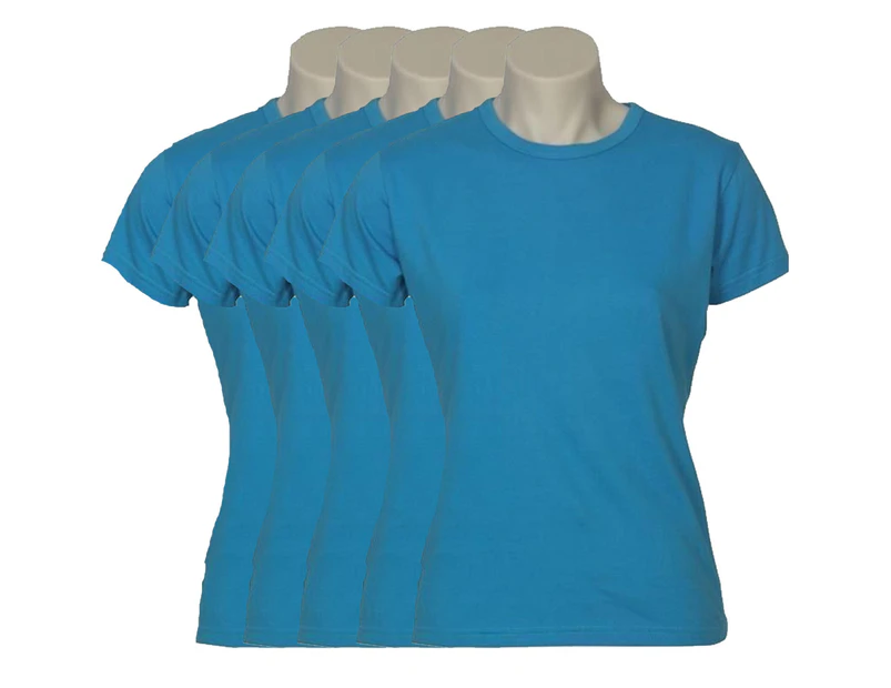 5x Women's Plain Ladies T SHIRT 100% COTTON Basic Tee Casual Top Size 6-24 BULK - Cyan Blue