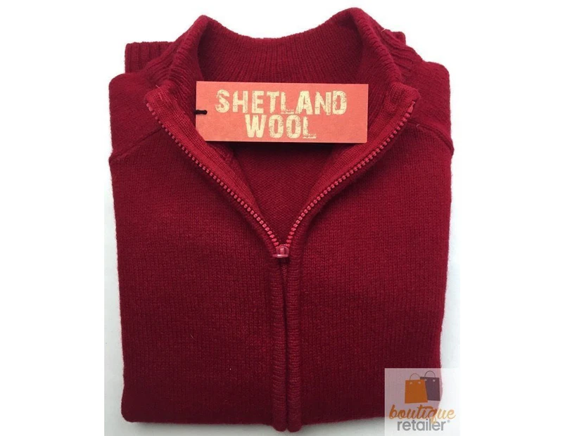 Full Zip 100% SHETLAND WOOL Up Knit JUMPER Pullover Mens Sweater Knitted - Red (90)
