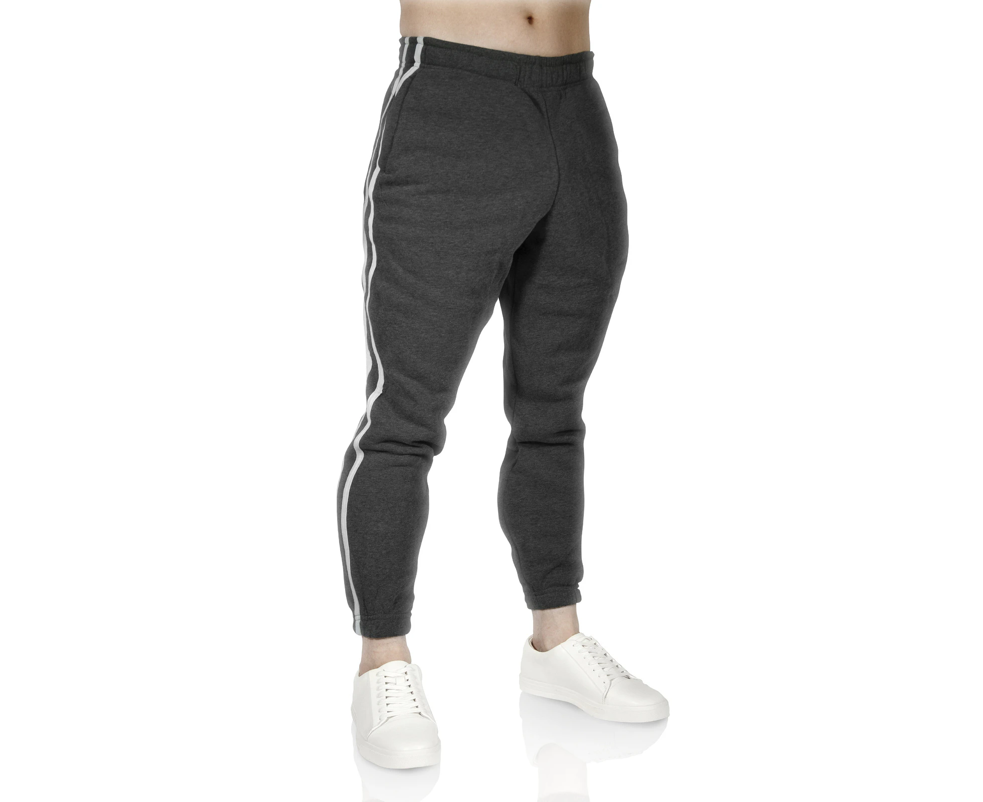 Mens Skinny Striped Track Pants Joggers Gym Casual Sweat Cuffed Trackies Fleece - Charcoal Marle/White Stripe