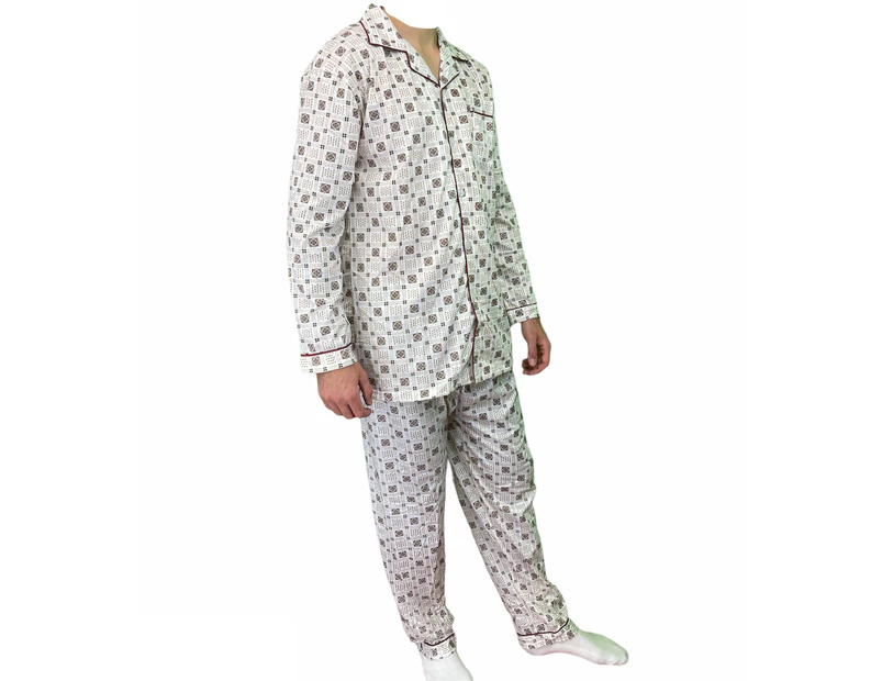 Mens Cotton Pajamas Pyjamas PJs Long Sleeve Shirt Tops + Pants Set Sleepwear - White/Brown