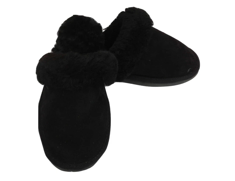 100% Sheepskin Moccasin Slippers Winter Genuine Scuffs Slip On Mens Womens - Black (with fur)
