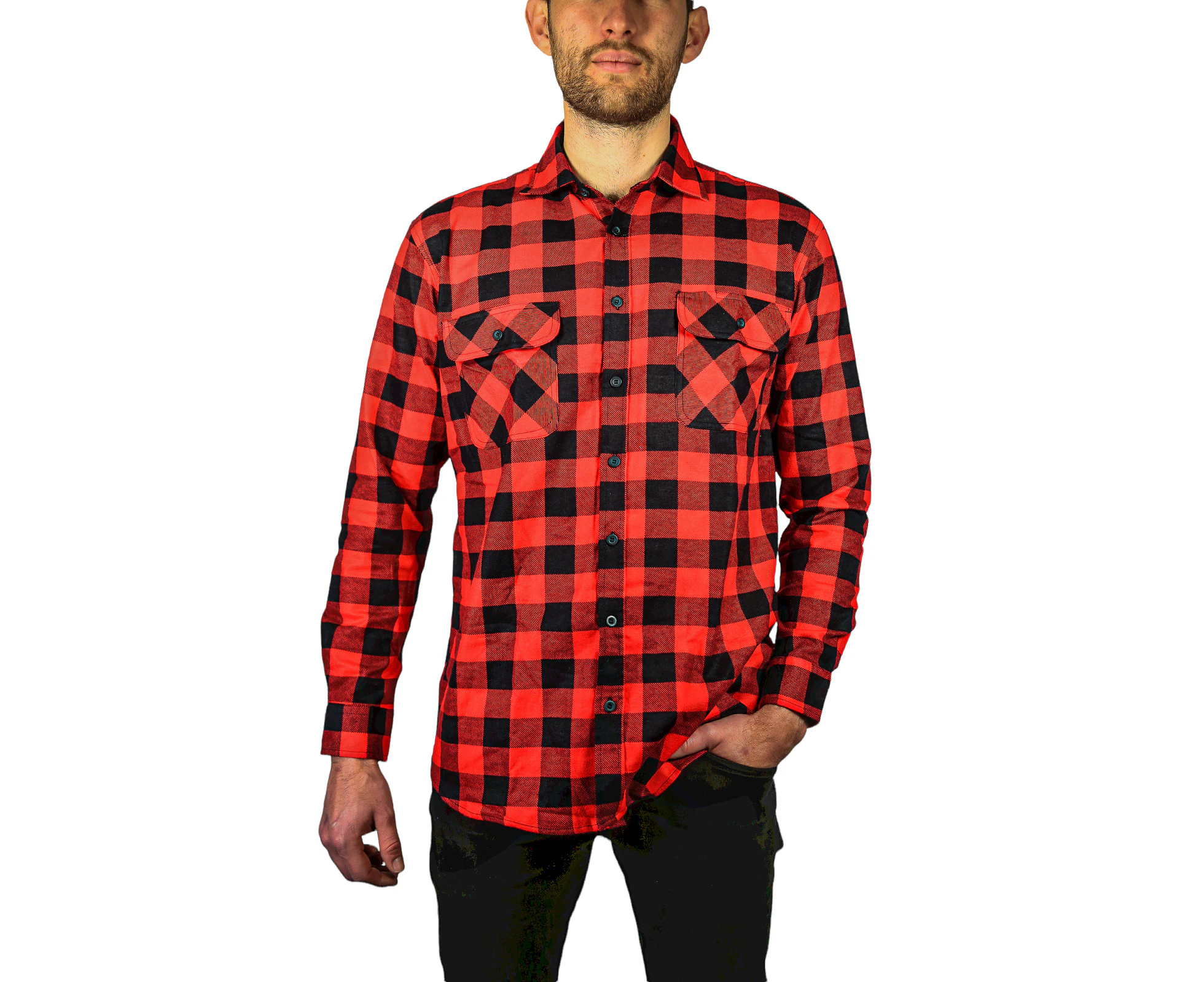 Men's 100% Cotton Flannelette Shirt Long Sleeve Check Authentic Flannel - Red/Black