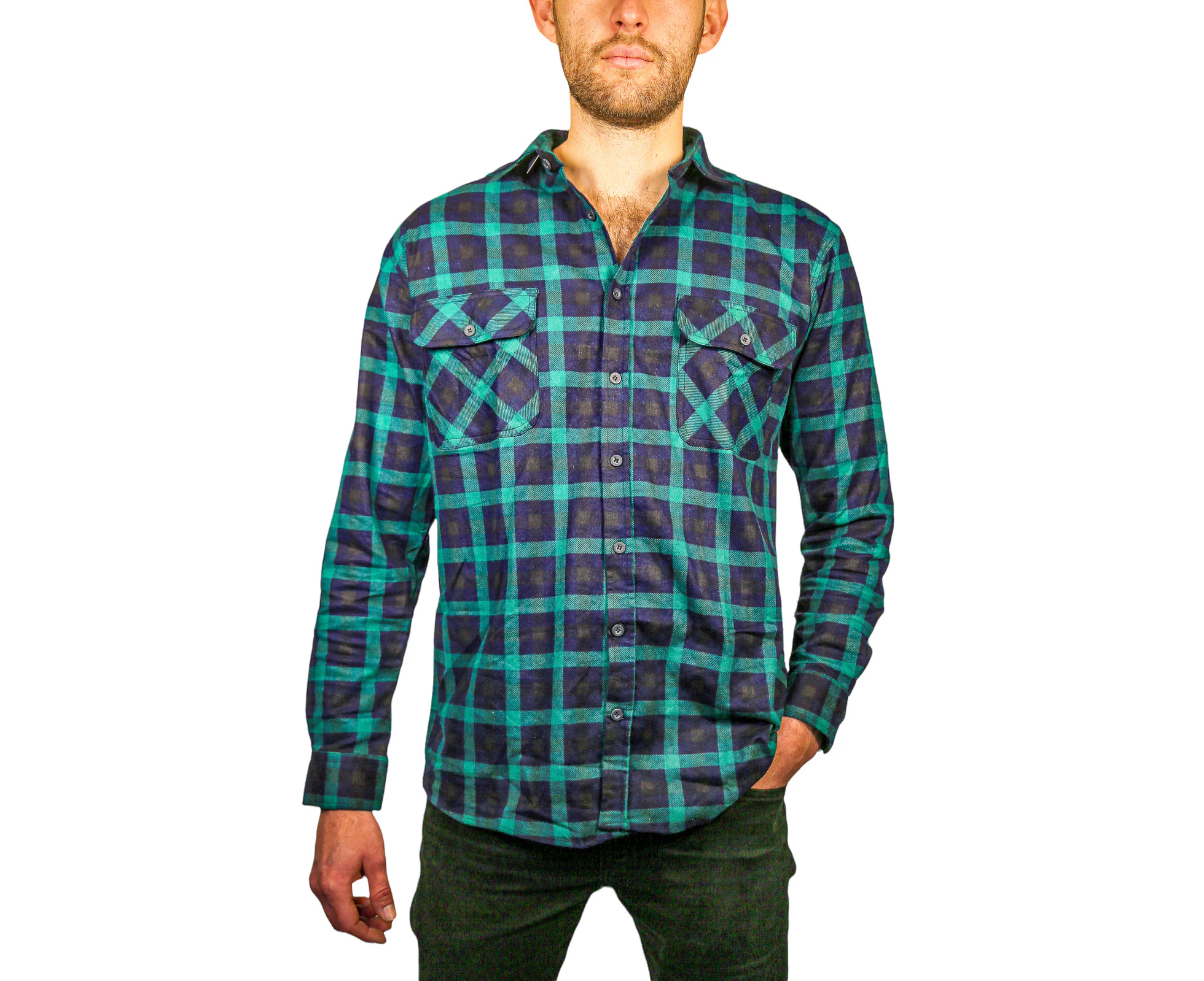 Men's 100% Cotton Flannelette Shirt Long Sleeve Check Authentic Flannel - Green/Navy