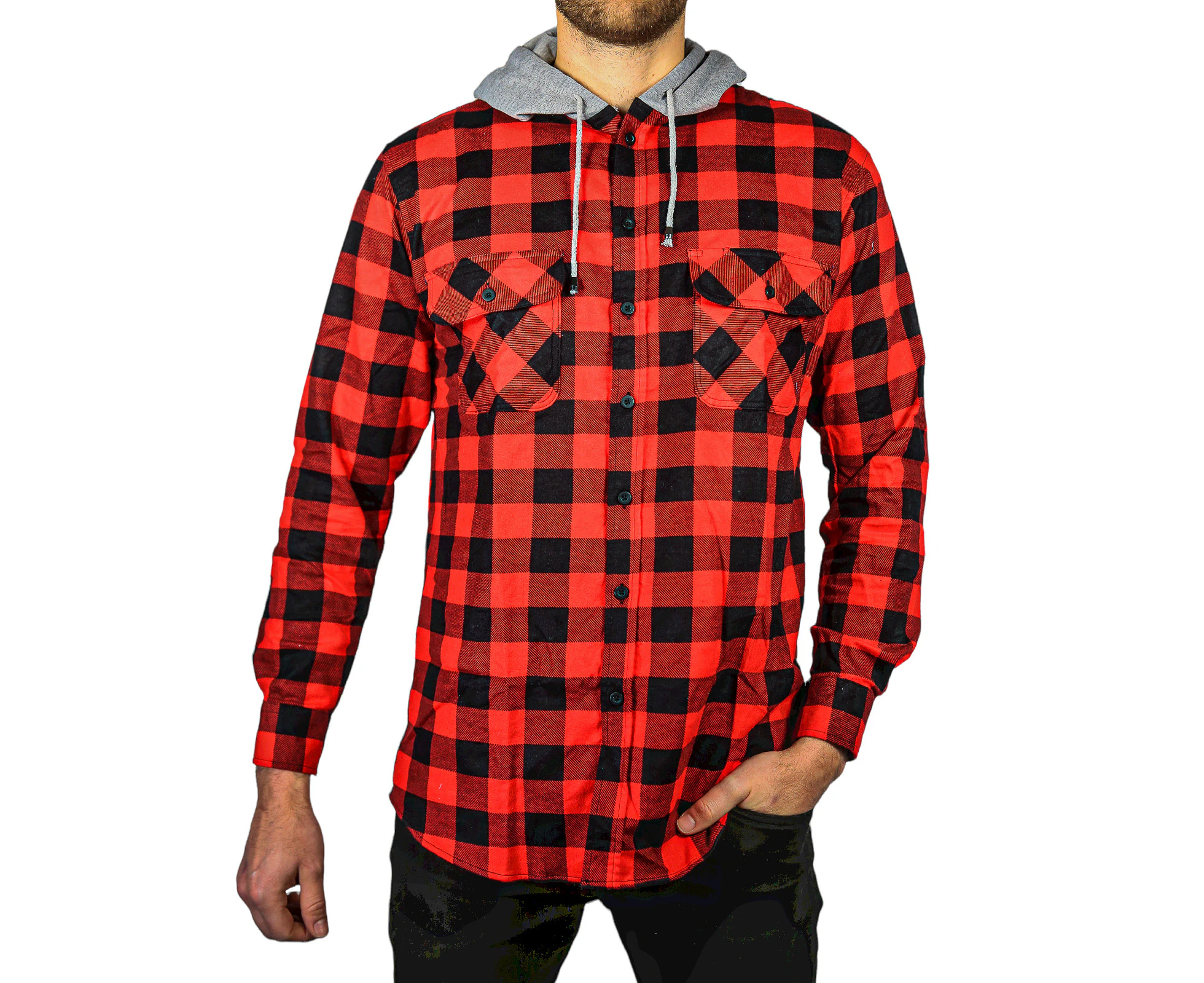 Men's Cotton Flannelette Shirt w Jersey Hood Long Sleeve Flannel - Red/Black