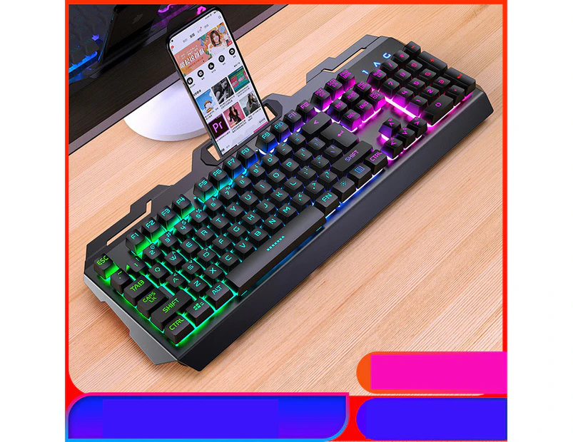 Wired Gaming Keyboard LED Rainbow Backlit Gaming Keyboard RGB Gaming Ergonomic Wrist Rest 104 Keys for Windows & Mac PC Gamers metallic black rainbow light