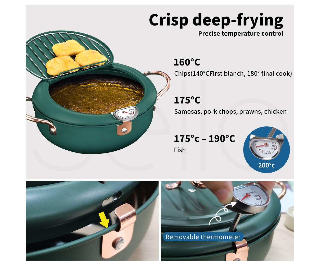 TOQUE Japanese Deep Frying Pot Thermometer Non-stick Tempura Pan 20cm Green