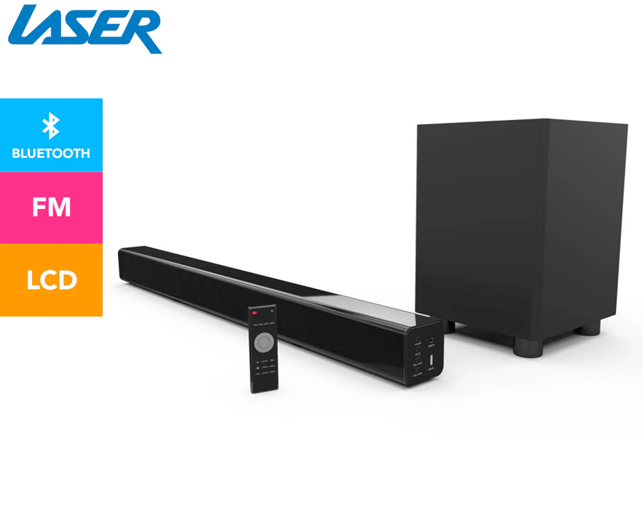 Laser 2.1Ch Bluetooth Soundbar Speaker Stereo w/Wireless Subwoofer For TV Black