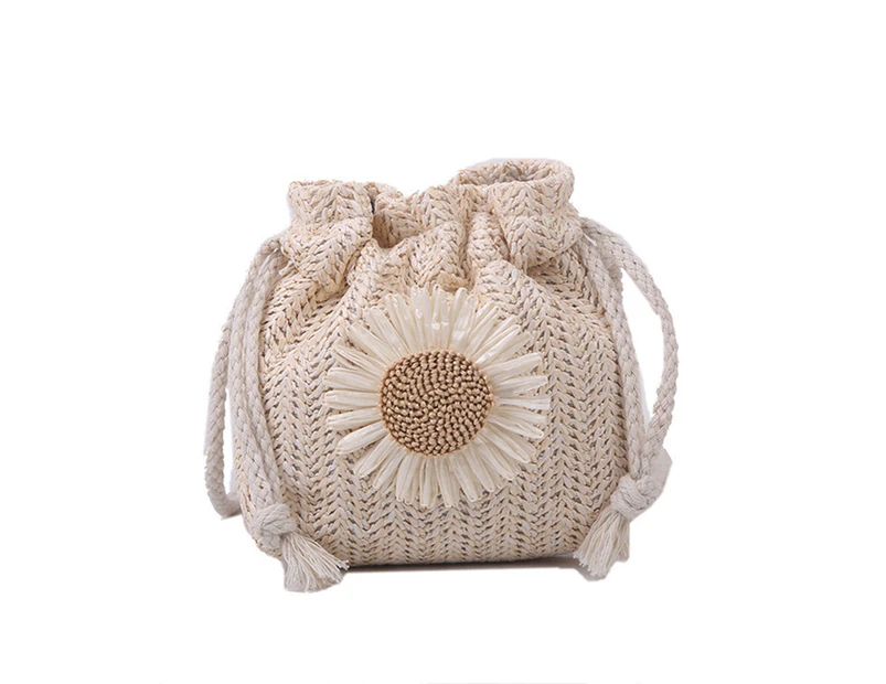 Bestjia Fashion Women Knitting Sunflower Straw Shoulder Bag Drawstring Bucket Pouch - White