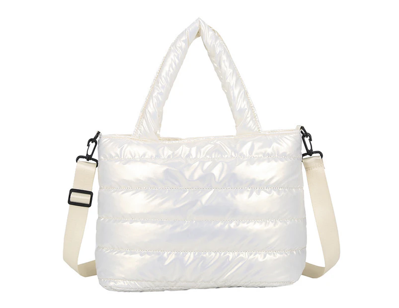 Bestjia Large Capacity Smooth Zipper Adjustable Straps Handheld Lazy Pillow Shoulder Bag Women Lightweight Winter Down Cotton Padded Handbag - White