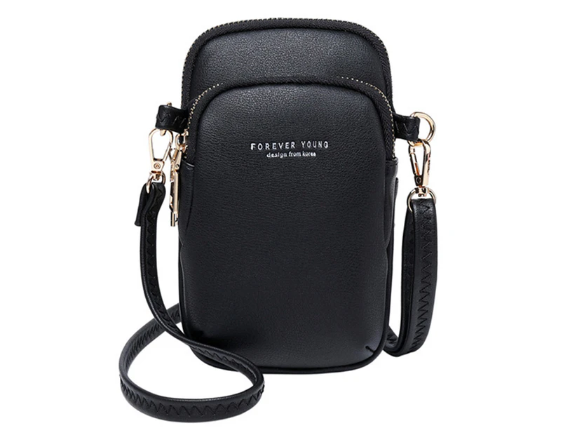Bestjia Women Solid Color Multi Pocket Faux Leather Crossbody Shoulder Bag Phone Purse - Black