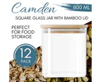12 x SQUARE GLASS JARS WITH BAMBOO LID 800mL | Food Storage Canister Containers Spice Jar Wedding Favours Empty Clear Glass Bottles with Wood Lid