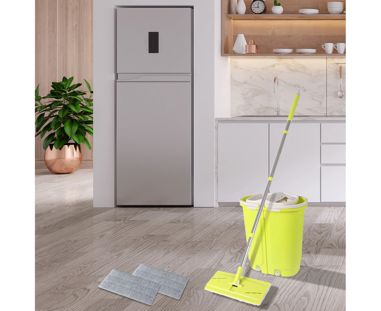 Cleanflo  Flat Mop Bucket Set Cleaner Stainless Steel Wet Dry 2 Mop Heads Green