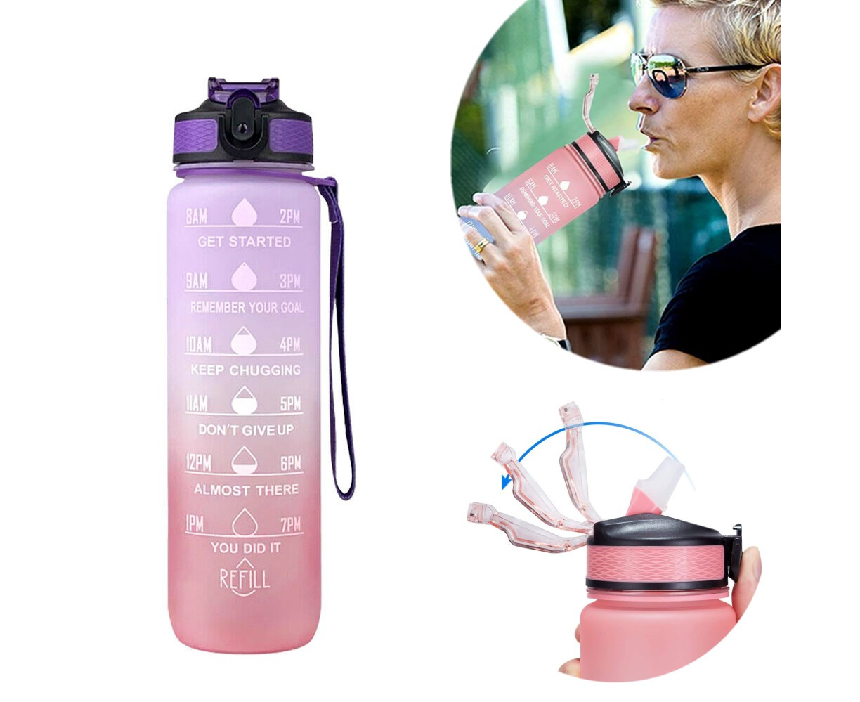 New 1L Water Bottle Motivational Drink Flask With Time Markings Sport ...