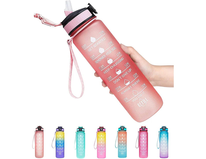 New Sports Water Bottle Large Capacity Straw Time Motivational Fitness Jugs 1000ml