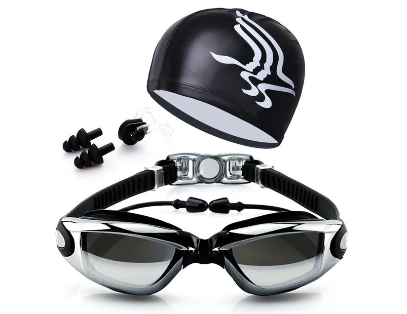 Adult Swimming Glasses Kit Anti Fog Swim Goggles + Cap + Nose Clip + Ear Plugs