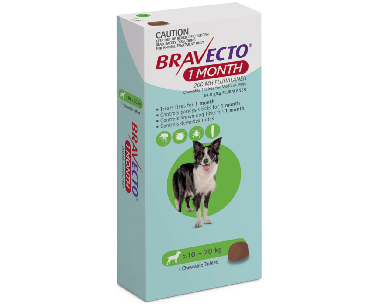 Bravecto Dog 1 Month Chew Tick & Flea Treatment 10-20kg Medium Green