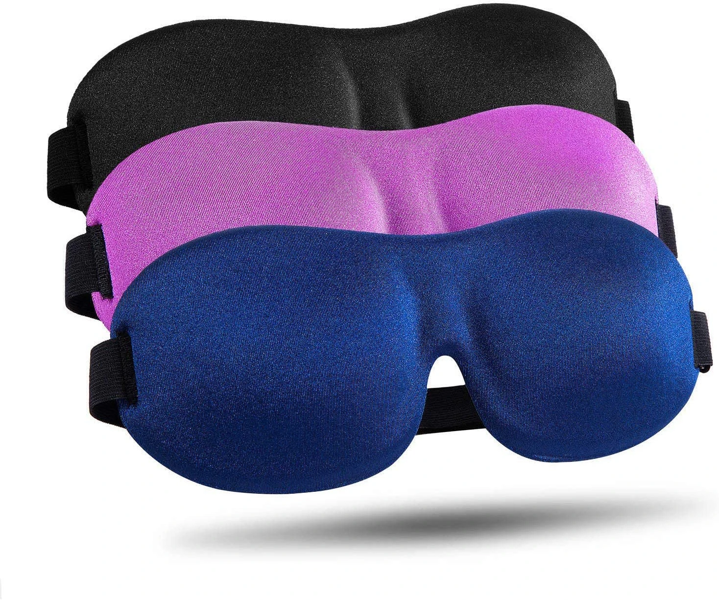 Sleep Mask 3 Pack, Upgraded 3D Contoured 100% Blackout Eye Mask for Sleeping with Adjustable Strap, Comfortable & Soft Night Blindfold - Black & Blue & Purple