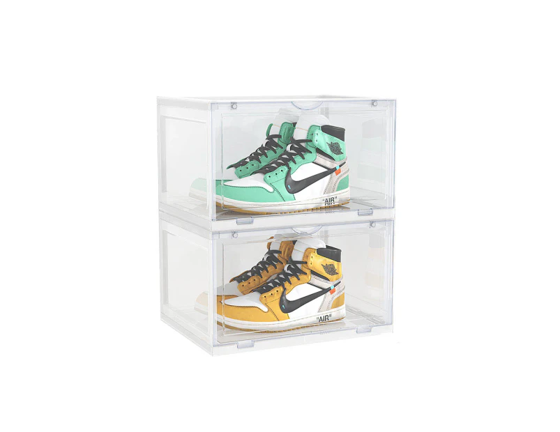 SOGA 2 Tier Transparent Portable Shoe Organiser Sneaker Footwear Folding Plastic Bin Stackable Storage Box with Magnetic Door