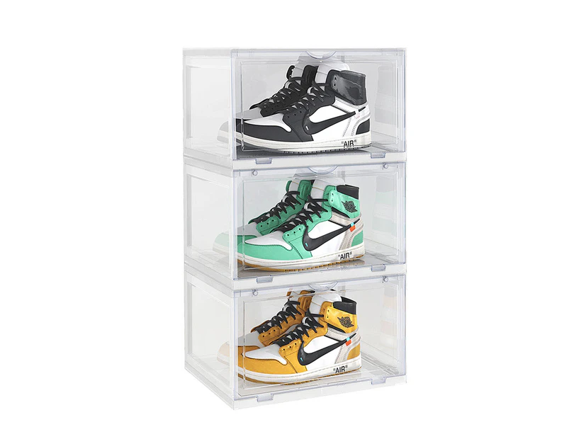 SOGA 3 Tier Transparent Portable Shoe Organiser Sneaker Footwear Folding Plastic Bin Stackable Storage Box with Magnetic Door