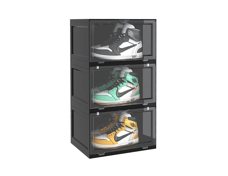 SOGA 3 Tier Black Portable Shoe Organiser Sneaker Footwear Folding Plastic Bin Stackable Storage Box with Magnet Doors