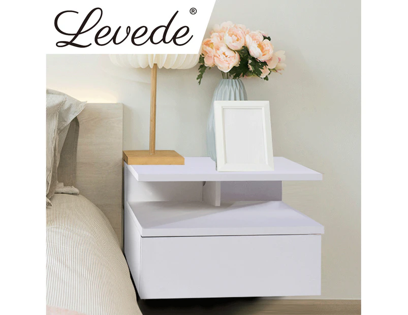 Levede 2x Bedside Tables Side Table LED Wall Mounted Cabinet Floating Nightstand