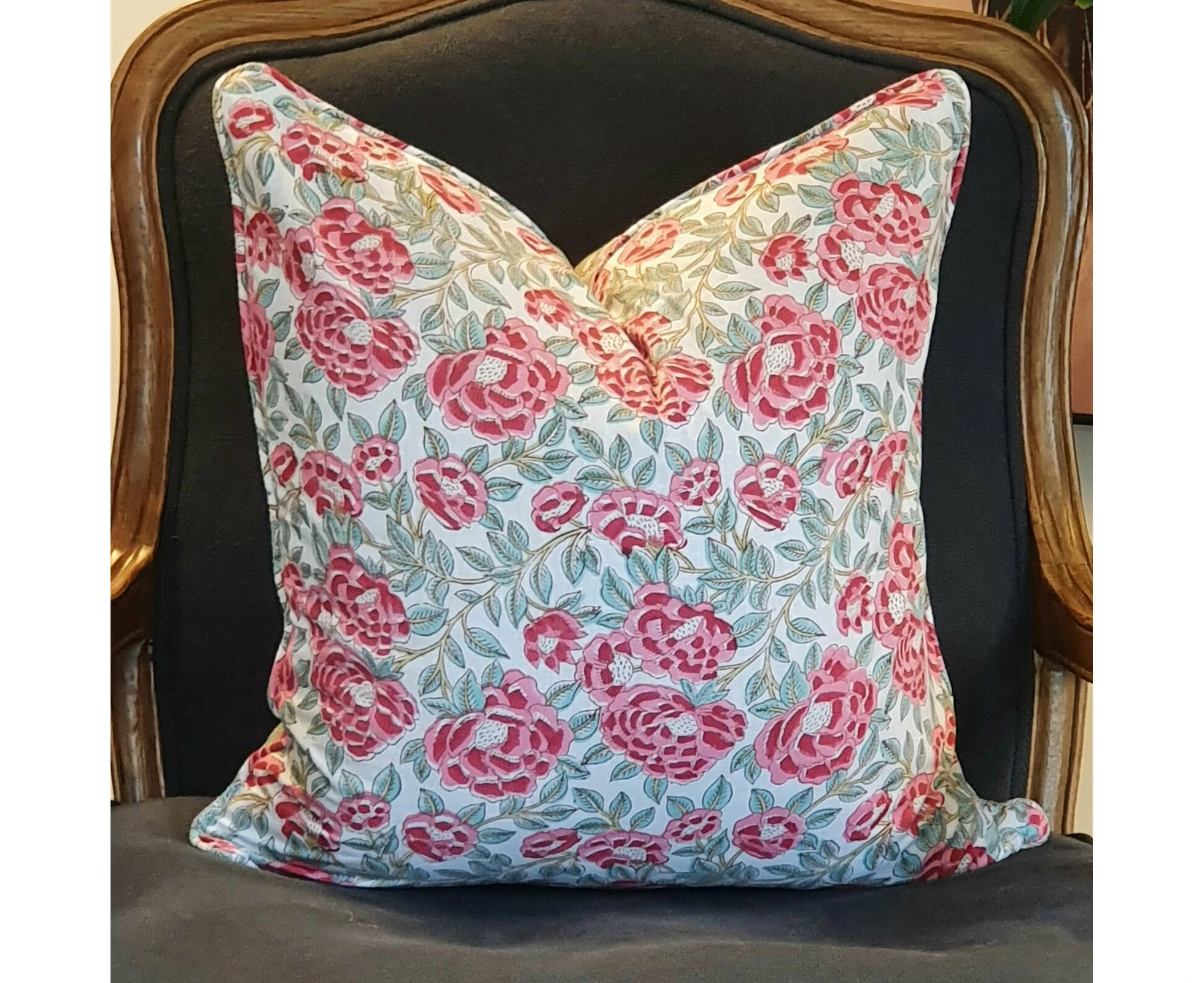 Kolka Peonies Soft Cotton Voile Decorative Hand Block-Printed Cushion - Ruby