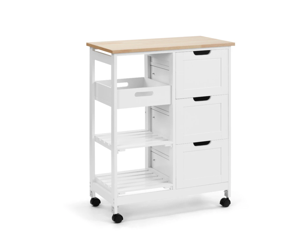 Kodu Mobile Kitchen Trolley Drinks Caddy 3 drawers 2 shelves white and woodgrain