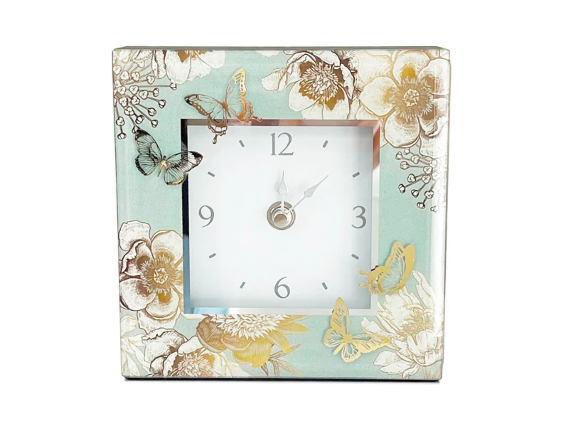 Gold Butterfly Vintage Floral Table Clock Glass Mirror Desk Clock