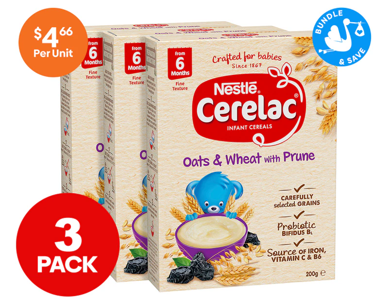 3 x Nestlé Cerelac Infant Cereal Oats & Wheat w/ Prune 200g
