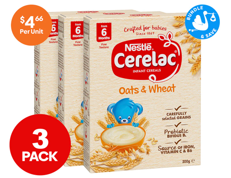 3 x Nestlé Cerelac Infant Cereal Oats & Wheat 200g