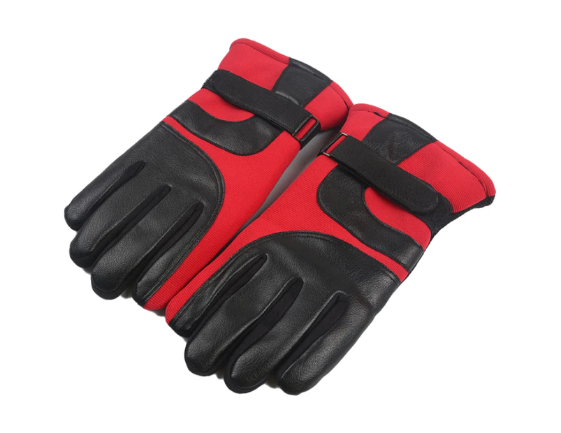 Ski leather gloves men's winter touch screen plus velvet thick driving motorcycle gloves,(Red,Shape1)