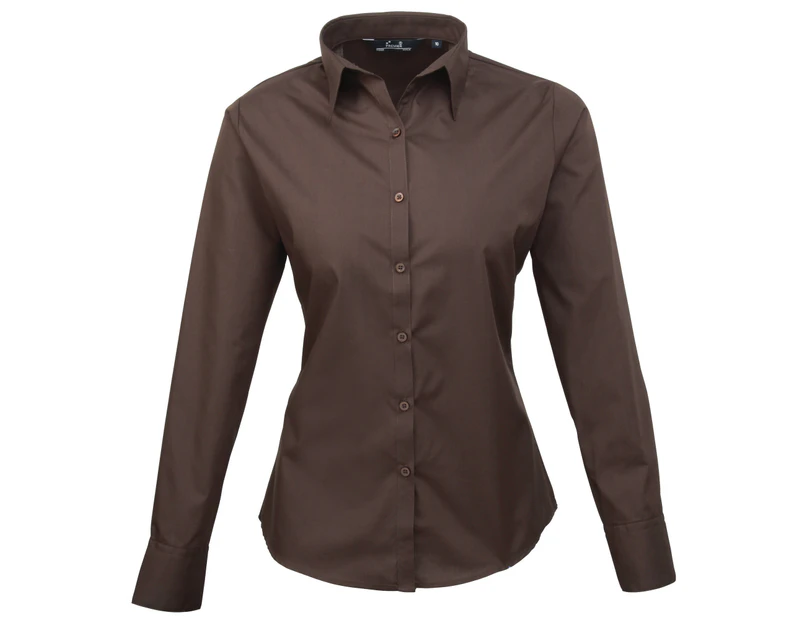 Premier Womens Poplin Long Sleeve Blouse / Plain Work Shirt (Brown) - RW1090