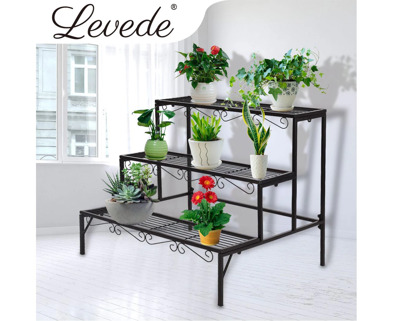 Levede Plant Stand 3 Tier Rectangle Metal Flower Pot Planter Corner Shelf Black