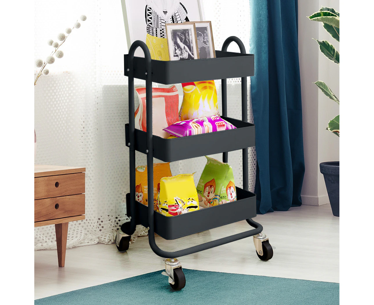 Levede 3 Tiers Kitchen Trolley Cart Steel Storage Rack Shelf Organiser Grey