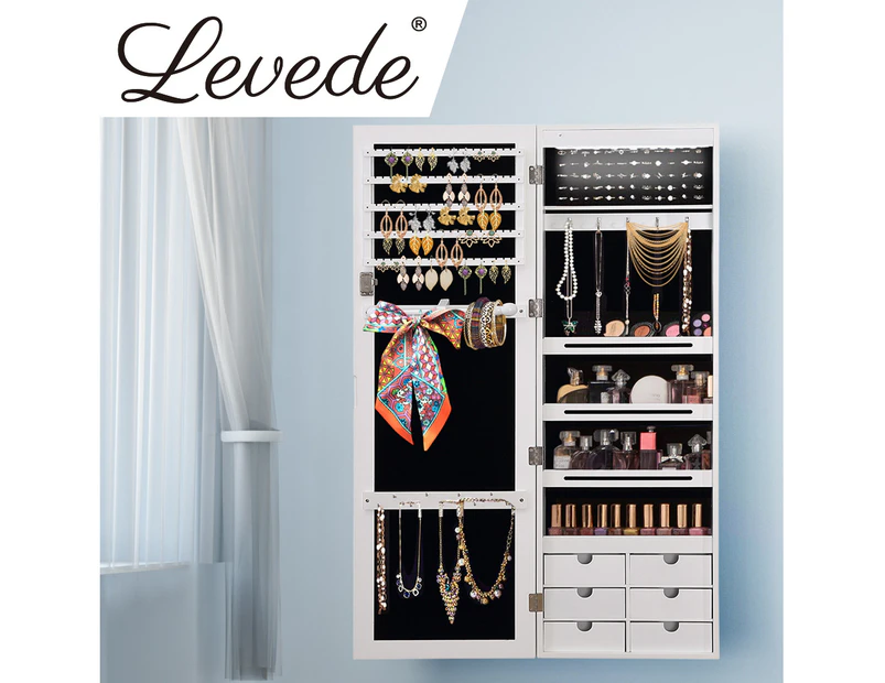 Levede Jewellery Cabinet Full Length Mirror Organizer Jewelry Box White - White